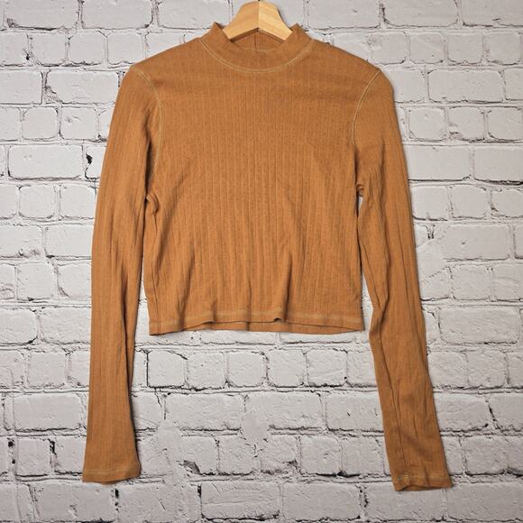 American Eagle Pointelle Mocha Brown Long Sleeve Mock Neck Crop Top Size Large - Picture 1 of 10